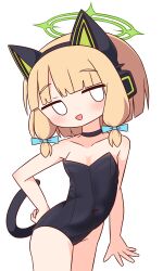  :d absurdres animal_ear_headphones animal_ears bare_arms bare_shoulders black_choker black_leotard blank_eyes blonde_hair blue_archive blue_bow blunt_bangs blush bow breasts chibi choker collarbone covered_navel cowboy_shot fake_animal_ears female hairbow halo hana_kazari hand_up headphones highres leotard looking_at_viewer midori_(blue_archive) simple_background small_breasts smile solo standing strapless strapless_leotard tail white_background 