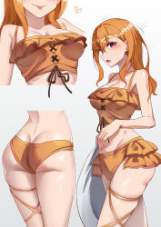  absurdres ass bare_shoulders bikini blush breasts butt_crack cleavage closed_mouth collarbone commentary cowboy_shot female frilled_bikini frills hair_between_eyes heart highres holding holding_towel long_hair looking_at_viewer love_live! love_live!_superstar!! medium_breasts multiple_views open_mouth orange_bikini orange_hair purple_eyes shibuya_kanon sidelocks simple_background skindentation smile standing swimsuit thighs tongue tongue_out towel white_background white_towel yzlkun 