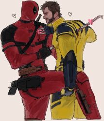  2boys ass beard belt bleeding blood blood_on_weapon bodysuit brown_hair claws deadpool deadpool_&amp;_wolverine deadpool_(series) facial_hair gloves heart highres holding holding_sword holding_weapon impaled katana leg_grab looking_at_another male_focus marvel marvel_cinematic_universe mature_male multiple_boys muscular muscular_male stab sword teeth thighs udo_not weapon weapon_on_back wolverine_(x-men) x-men yaoi 