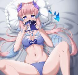  absurdres artist_name bare_shoulders bed blue_bra blue_eyes blue_horns blue_panties blush book bow bow-shaped_hair bow_bra bow_panties bra breasts cameltoe colored_tips female fish genshin_impact gradient_hair hair_ornament highres holding holding_book horns long_hair looking_at_viewer lying medium_breasts multicolored_hair navel on_back panties partially_visible_vulva pillow pink_hair purple_eyes sangonomiya_kokomi sembem solo spread_legs thighs underwear underwear_only 