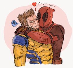  2boys arm_around_neck beard blush bodysuit brown_hair closed_mouth commentary_request deadpool deadpool_&amp;_wolverine deadpool_(series) facial_hair gloves heart highres hug male_focus marvel marvel_cinematic_universe mature_male multiple_boys muscular muscular_male red_bodysuit spoken_squiggle squiggle superhero_costume sweatdrop wolverine_(x-men) x-men yaoi yellow_bodysuit yo_ko_(kkk1211mmm) 