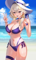  absurdres armpits bare_arms bare_shoulders beach bikini blonde_hair bracelet breasts choker cleavage collarbone cowboy_shot day earrings female hair_over_shoulder hands_up hat highres hoop_earrings indie_virtual_youtuber jewelry large_breasts long_hair looking_at_viewer low_twintails multi-strapped_bikini_bottom multicolored_hair navel necklace never_bite o-ring o-ring_bikini o-ring_top open_mouth outdoors purple_bikini purple_choker purple_eyes shoulder_tattoo side-tie_bikini_bottom skindentation smile solo standing stomach string_bikini sun_hat swimsuit tattoo thigh_strap thighs tongue tongue_out twintails two-tone_hair v vavamva virtual_youtuber wet white_hair white_hat 