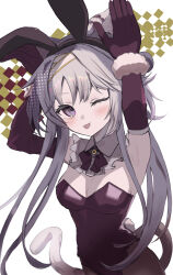  ;p animal_ear_hairband animal_ears arknights arms_up black_hairband blush breasts brown_tail cleavage commentary_request cowboy_shot detached_collar deyuaru elbow_gloves fake_animal_ears female frills fur-trimmed_gloves fur_trim gloves grey_hair grey_tail hairband halftone halftone_texture highres kazemaru_(arknights) leotard long_hair looking_at_viewer medium_breasts one_eye_closed partial_commentary playboy_bunny purple_eyes purple_gloves purple_leotard rabbit_ear_hairband rabbit_ears solo tail tongue tongue_out white_background 