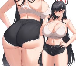  alternate_costume ass backboob bare_arms bare_shoulders black_hair black_shorts blue_archive breasts bright_pupils cleavage collarbone commentary_request cowboy_shot female hair_behind_ear halo hand_on_own_hip hand_up highres kuavera large_breasts long_hair looking_at_viewer multiple_views navel red_eyes rio_(blue_archive) short_shorts shorts simple_background sports_bra standing stomach thighs underbutt very_long_hair white_background white_pupils 