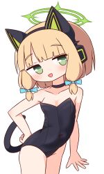  :d absurdres animal_ear_headphones animal_ears bare_arms bare_shoulders black_choker black_leotard blonde_hair blue_archive blue_bow blunt_bangs blush bow breasts choker collarbone commentary_request covered_navel cowboy_shot fake_animal_ears female green_eyes hairbow halo hana_kazari hand_up headphones highres leotard looking_at_viewer midori_(blue_archive) simple_background small_breasts smile solo standing strapless strapless_leotard tail white_background 