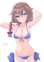  absurdres ahoge bikini blue_bikini blue_eyes blush braid breasts brown_hair cleavage female hair_between_eyes hair_flaps hair_over_shoulder highres hizaka kantai_collection long_hair looking_at_viewer medium_breasts official_alternate_costume shigure_(kancolle) shigure_kai_san_(kancolle) shigure_kai_san_(swimsuit)_(kancolle) side-tie_bikini_bottom signature single_braid smile solo swimsuit white_background 