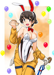  adapted_costume animal_ears balloon bow bowtie breasts brown_eyes brown_hair cleavage commentary_request detached_collar fake_animal_ears female flipped_hair girls_und_panzer gloves highres jumpsuit leotard leotard_under_clothes medium_breasts multicolored_leotard nakajima_(girls_und_panzer) oosaka_kanagawa open_jumpsuit playboy_bunny rabbit_ears red_bow red_bowtie short_hair single_glove solo strapless strapless_leotard umbrella white_gloves white_leotard yellow_jumpsuit 