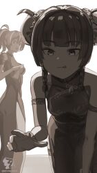  2girls backlighting bare_shoulders braid breasts china_dress chinese_clothes double_bun dress elbow_gloves gloves greyscale hair_bun highres large_breasts leaning_forward licking_lips long_hair looking_at_viewer medium_hair monochrome multiple_girls nosuku ponytail qingyi_(zenless_zone_zero) sidelocks small_breasts smile tongue tongue_out twin_braids zenless_zone_zero zhu_yuan 