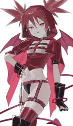  absurdres alternate_costume black_gloves cape collar commission demon_tail disgaea earrings etna_(disgaea) female fingerless_gloves garter_straps gloves hand_on_own_hip highres hood hood_up hooded_cape jewelry lingerie looking_at_viewer navel o-ring o-ring_bottom red_cape red_collar red_eyes red_hair saaal653 simple_background skull_earrings smug solo spiked_hair standing tail tongue tongue_out underwear white_background 