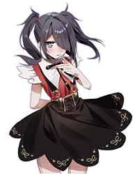  ame-chan_(needy_girl_overdose) black_eyes black_hair black_ribbon black_skirt collared_shirt cowboy_shot edo-sama female hair_ornament hair_over_one_eye highres long_hair neck_ribbon needy_girl_overdose parted_lips red_shirt ribbon scar scar_on_arm scar_on_leg self-harm self-harm_scar shirt simple_background skirt solo suspender_skirt suspenders twintails white_background x_hair_ornament 