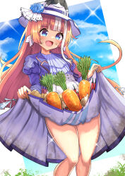  akikawa_yayoi_(umamusume) animal_on_head blue_eyes blush carrot chili_pepper clothes_lift cloud dirt dirty dirty_clothes feline female hat highres oerba_yun_fang on_head open_mouth potato sky solo sparkle thighs umamusume yuutopia 