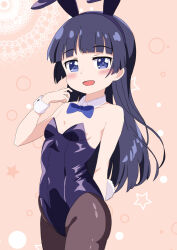  animal_ears arm_behind_back black_hair black_leotard black_pantyhose blue_bow blue_bowtie blue_eyes bow bowtie breasts cowboy_shot detached_collar fake_animal_ears female gokou_ruri leotard mizusaki_johnko open_mouth ore_no_imouto_ga_konna_ni_kawaii_wake_ga_nai pantyhose pink_background playboy_bunny rabbit_ears rabbit_tail small_breasts smile solo strapless strapless_leotard tail wrist_cuffs 