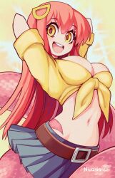  arms_up artist_name belt belt_buckle blue_skirt breasts buckle cleavage commentary crop_top cropped_shirt english_commentary eyelashes female front-tie_top glaze_artifacts hair_between_eyes hair_ornament highres lamia looking_at_viewer making-of_available medium_breasts miia_(monster_musume) monster_girl monster_musume_no_iru_nichijou navel open_mouth pillarboxed pleated_skirt red_hair red_scales scales scoop_neck sheep shirt skirt sleeves_rolled_up solo sunset_nivaris teeth tongue upper_teeth_only yellow_eyes yellow_shirt 