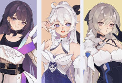  3girls :o absurdres blue_dress breasts bronya_zaychik bronya_zaychik_(silverwing:_n-ex) collar commentary crossed_bangs detached_collar dress english_commentary grey_eyes grey_hair hair_between_eyes high_ponytail highres honkai_(series) honkai_impact_3rd kiana_kaslana kiana_kaslana_(herrscher_of_finality) long_hair merchandise_available mofumanju multiple_girls open_mouth ponytail purple_eyes purple_hair raiden_mei raiden_mei_(apho) smile upper_body very_long_hair w white_collar white_dress white_hair 