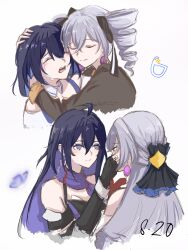  4girls ^_^ absurdres ahoge bare_shoulders black_ribbon black_shirt bronya_rand bronya_zaychik closed_eyes commentary crying drill_hair earrings grey_hair hair_ribbon highres honkai:_star_rail honkai_(series) honkai_impact_3rd hug jewelry multiple_girls purple_hair purple_scarf ribbon scarf seele_(honkai:_star_rail) seele_vollerei shirt simple_background tears white_background xianhualian 