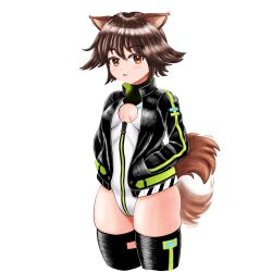  absurdres alice_gear_aegis animal_ears black_jacket black_thighhighs breasts brown_eyes brown_hair circle_cutout cleavage_cutout clothing_cutout companion/af covered_collarbone dog_ears dog_girl dog_tail flipped_hair front_zipper full-length_zipper hands_in_pockets highleg highleg_leotard highres jacket leotard miyafuji_yoshika optoem race_queen simple_background sleeveless_turtleneck_leotard small_breasts strike_witches tail tail_wagging thighhighs turtleneck turtleneck_leotard two-tone_leotard white_background white_leotard world_witches_series zipper zipper_leotard zipper_pull_tab 