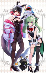  2girls absurdres alternate_costume animal_ears bangboo_(zenless_zone_zero) bare_arms bare_shoulders black_bow black_bowtie black_choker black_footwear black_hair black_leotard black_pantyhose black_thighhighs bow bowtie breasts candy chains choker cleavage closed_mouth commentary_request corin_wickes ellen_joe fake_animal_ears fake_tail fins fish_tail food food_in_mouth full_body green_hair hair_between_eyes hair_ornament halterneck hand_up high_heels highres holding holding_tray jacket leaning_forward leotard lollipop long_hair looking_at_viewer maid_headdress medium_breasts mouth_hold mugita_(mokankan) multiple_girls off_shoulder open_clothes open_jacket open_mouth pancake pancake_stack pantyhose playboy_bunny purple_eyes rabbit_ears rabbit_tail red_bow red_bowtie red_eyes shark_girl shark_tail sharkboo_(zenless_zone_zero) short_hair simple_background single_thighhigh standing tail thighhighs tray twintails two_side_up white_background white_jacket wrist_cuffs zenless_zone_zero 