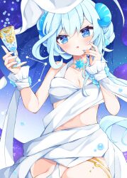  bare_shoulders blue_eyes blue_hair blue_nails breasts chalice cleavage collarbone commentary_request constellation cup female hands_up holding holding_cup horns looking_at_viewer maki_soutoki medium_breasts nail_polish original parted_lips short_eyebrows solo thick_eyebrows wrist_cuffs 