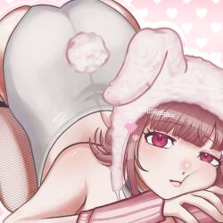  animal_ears arm_warmers bare_shoulders blush brown_hair bunny_day closed_mouth danganronpa_(series) danganronpa_2:_goodbye_despair fake_animal_ears fake_tail female fishnet_thighhighs fishnets flipped_hair go_no_tan heart highres leotard looking_at_viewer medium_hair nanami_chiaki pink_background pink_eyes rabbit_ears rabbit_tail smile tail thighhighs top-down_bottom-up white_background white_leotard 