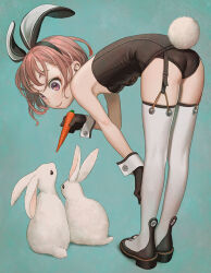  animal animal_ear_hairband animal_ears aqua_background ass bare_shoulders bent_over black_footwear black_gloves black_hairband bob_cut breasts brown_eyes brown_hair bunny_day carrot closed_mouth commentary eyelashes fake_animal_ears fake_tail feeding female food from_behind garter_straps gloves hairband hand_on_own_leg holding holding_carrot holding_food holding_vegetable leotard light_blush looking_at_animal looking_at_another looking_down looking_up loose_hair_strand messy_hair murata_range original playboy_bunny rabbit rabbit_ear_hairband rabbit_ears rabbit_tail shoes short_hair small_breasts smile solo stitches strapless strapless_leotard tail thighhighs vegetable white_rabbit_(animal) white_thighhighs wrist_cuffs 