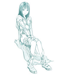  between_legs female greyscale hand_between_legs highres invisible_chair long_hair looking_at_viewer mechabare mechanical_arms mechanical_legs monochrome original robot_girl simple_background sitting solo yoshitomi_akihito 