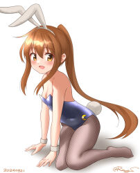  alternate_costume animal_ears blue_leotard breasts brown_eyes brown_hair crescent crescent_pin female fishnet_pantyhose fishnets fumizuki_(kancolle) grey_pantyhose kantai_collection leotard long_hair one-hour_drawing_challenge pantyhose playboy_bunny ponytail rabbit_ears rabbit_tail ray.s sidelocks simple_background sitting small_breasts smile solo strapless strapless_leotard tail white_background wrist_cuffs yokozuwari 