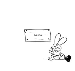  3_toes 4_fingers anthro bottomwear clothing english_text feet fingers hammer hi_res jovi_cap lagomorph leporid male mammal monochrome rabbit shirt shorts simple_background solo text toes tools topwear white_background 