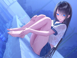  :d barefoot black_hair blue_eyes blue_sailor_collar blue_skirt blurry blurry_background bra bra_visible_through_clothes chain-link_fence closed_mouth feet female fence grey_hoodie hair_between_eyes highres hood hoodie jfjf knees_up long_hair long_sleeves looking_at_viewer night open_mouth original outdoors panties pleated_skirt pool pool_ladder poolside sailor_collar school_uniform shirt short_sleeves sitting skirt smile solo thighs toes tree underwear variant_set wet wet_clothes wet_shirt white_bra white_panties white_shirt 