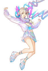  arlizi blonde_hair blue_bow blue_eyes blue_footwear blue_hair blue_serafuku blue_shirt blue_skirt bow chouzetsusaikawa_tenshi-chan commentary_request female floating_hair full_body glitch hairbow hands_up highres holographic_clothing jumping long_hair long_sleeves looking_at_viewer midriff miniskirt multicolored_hair multiple_hair_bows needy_girl_overdose open_mouth pink_bow pink_hair pleated_skirt purple_bow quad_tails sailor_collar school_uniform serafuku shirt shoes skirt smile solo white_background 