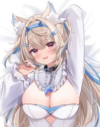  absurdres animal_collar animal_ear_fluff animal_ears arm_behind_head bed_sheet black_collar blue_hair blue_hairband blue_nails breasts chocola_vt cleavage collar commentary crossed_bangs dog_ears dot_nose fake_horns female frilled_shirt_collar frills fuwawa_abyssgard fuwawa_abyssgard_(1st_costume) hair_between_eyes hair_intakes hair_ornament hairband hairclip hand_up highres hololive hololive_english horns huge_breasts light_blush light_brown_hair long_hair long_sleeves looking_at_viewer lying multicolored_hair oerba_yun_fang on_back on_bed open_mouth pendant_collar pink_eyes puffy_long_sleeves puffy_sleeves shirt sidelocks solo streaked_hair two-tone_hair two_side_up upper_body virtual_youtuber white_shirt 