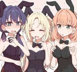  ! !? 3girls :d @_@ alternate_costume animal_ear_hairband animal_ears aqua_eyes black_bow black_bowtie black_hairband black_leotard black_pantyhose black_ribbon blonde_hair blue_eyes blue_hair blush bow bowtie breasts cleavage closed_eyes collar collarbone covered_navel crossed_bangs dark_blue_hair detached_collar fake_animal_ears fishnet_pantyhose fishnets flying_sweatdrops gradient_hair hair_bun hair_ornament hair_ribbon hairband highres hinoshita_kaho kurotoia large_breasts leotard light_blue_hair link!_like!_love_live! long_hair looking_at_another love_live! low_twintails medium_breasts medium_hair motion_lines multicolored_hair multiple_girls murano_sayaka nose_blush open_mouth orange_hair osawa_rurino outline pantyhose parted_bangs playboy_bunny rabbit_ear_hairband rabbit_ears ribbon smile socks speech_bubble speed_lines strapless strapless_leotard sweat sweatdrop turn_pale twintails two_side_up upper_body v-shaped_eyebrows virtual_youtuber wavy_mouth white_outline 