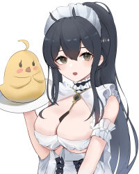  absurdres azur_lane black_hair breasts choker cleavage female frilled_choker frills green_eyes hair_between_eyes highres holding holding_tray indomitable_(azur_lane) indomitable_(ms._motivationless_maid)_(azur_lane) large_breasts long_hair maid_headdress manjuu_(azur_lane) obniermarbiss official_alternate_costume open_mouth simple_background solo tray very_long_hair white_background 