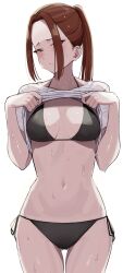  absurdres ass_visible_through_thighs ayatak0517 bikini black_bikini breasts brown_eyes brown_hair clothes_lift female highres komi-san_wa_komyushou_desu medium_breasts mole mole_under_eye navel onemine_nene ponytail see-through see-through_shirt shirt shirt_lift side-tie_bikini_bottom sidelocks simple_background solo swimsuit wet wet_clothes white_background 