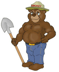  anthro barefoot bear belt black_belt blue_bottomwear blue_clothing blue_jeans blue_pants bottomwear brown_eyes brown_nose brucebadger clothing denim denim_bottomwear denim_clothing feet hand_on_side hat headgear headwear holding_object holding_shovel holding_tool jeans male mammal nipples pants red_text shovel simple_background smile smokey_bear solo tan_hat tan_headwear text tools united_states_forest_service white_background 