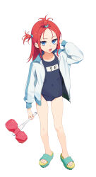  absurdres arm_up bangs_pinned_back bare_legs blue_eyes blue_jacket blue_one-piece_swimsuit covered_navel female flat_chest full_body green_footwear hair_tie hammer highres holding holding_hammer jacket long_hair long_sleeves looking_at_viewer name_tag old_school_swimsuit one-piece_swimsuit one_side_up open_clothes open_jacket open_mouth original red_hair sandals school_swimsuit solo standing swimsuit teeth topknot toy_hammer upper_teeth_only zzzearly 