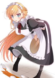  apron aqua_eyes araragi_ayune bent_over black_dress black_footwear blonde_hair blush braid breasts commentary_request dress female floor frilled_apron frills hand_on_own_hip highres holding holding_tray isshiki-san_wa_koi_wo_shiritai. large_breasts long_dress long_hair long_sleeves looking_at_viewer maid maid_apron maid_headdress neck_ribbon open_mouth red_ribbon ribbon rinna_milford solo spill swept_bangs tray white_apron white_background 