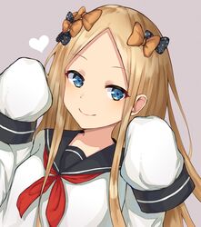  abigail_williams_(fate) alternate_costume bao_(s_888) black_bow black_sailor_collar blonde_hair blue_eyes blush bow closed_mouth commentary_request fate/grand_order fate_(series) female forehead grey_background hairbow hands_up heart highres long_hair long_sleeves neckerchief orange_bow parted_bangs polka_dot polka_dot_bow red_neckerchief sailor_collar school_uniform serafuku simple_background sleeves_past_fingers sleeves_past_wrists smile solo upper_body 