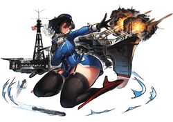  bad_anatomy beret black_gloves black_hair breasts commentary_request female firing garter_straps gloves hat huge_breasts impossible_clothes kantai_collection military military_uniform outstretched_arm short_hair solo takao_(kancolle) tianzhong_zhongtian torpedo uniform 