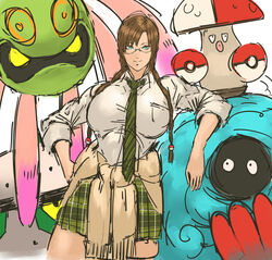  amoonguss breasts commentary_request cowboy_shot cradily female ferrothorn glasses glasses_girl_(nameo) green_eyes green_necktie highres huge_breasts long_hair looking_at_viewer nameo_(judgemasterkou) necktie original plant poke_ball pokemon pokemon_(creature) smile striped tangrowth vines yellow_eyes 