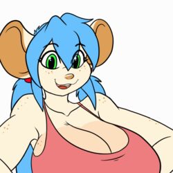  1:1 animated anthro big_breasts blue_hair bouncing_breasts breast_jiggle breasts cleavage clothed clothing eyebrows eyelashes female freckles fur green_eyes hair happy huge_breasts jasmine_(skidd) jiggling looking_at_viewer mammal mouse murid murine open_mouth rodent shirt short_playtime simple_background skidd smile solo tank_top teeth tongue topwear twintails white_background white_body white_fur 