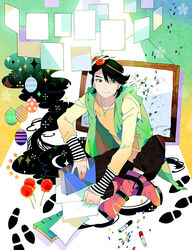  1boy bad_id bad_pixiv_id balloon black_hair book boots candy_apple confetti cosplay food footprints funpjinju green_eyes hood jewelry kamen_rider kamen_rider_double kamen_rider_double_(cosplay) kamen_rider_w legs_folded long_sleeves looking_to_the_side male_focus marker mask necklace pants paper philip_(kamen_rider) photoshop_(medium) sitting sleeves_past_wrists smile solo sparkle swept_bangs vest 