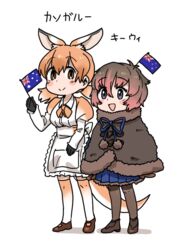  2girls :&gt; :d ankle_boots anyan_(jooho) apron arms_at_sides australian_flag bad_link black_gloves blue_eyes blue_skirt blush_stickers boots bow bowtie brown_capelet brown_eyes brown_footwear brown_gloves brown_hair brown_legwear buttons capelet character_name closed_mouth dot_nose drawstring extra_ears eyelashes flag frilled_apron frills full_body fur-trimmed_capelet fur-trimmed_skirt fur_trim gloves gradient_hair gradient_legwear hair_between_eyes hand_up height_difference holding holding_flag image_sample juliet_sleeves kangaroo_girl kemono_friends long_sleeves looking_at_viewer looking_away low_twintails mary_janes medium_hair mini_flag multicolored_clothes multicolored_hair multicolored_legwear multiple_girls naver_sample neck_ribbon new_zealand_flag north_island_brown_kiwi_(kemono_friends) object_on_head open_mouth orange_bow orange_bowtie orange_hair orange_legwear orange_ribbon pantyhose pink_hair pleated_skirt pocket pom_pom_(clothes) puffy_sleeves red_kangaroo_(kemono_friends) ribbon shadow shoes short_hair short_twintails simple_background skirt smile standing tail tareme thighhighs twintails two-tone_hair two-tone_legwear waist_apron wavy_hair white_apron white_background white_bow white_hair white_legwear wing_collar 