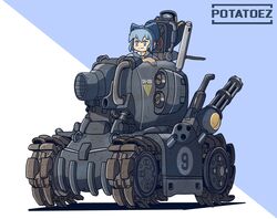  artist_name blue_background blue_bow blue_eyes blue_hair bow caterpillar_tracks circled_9 cirno closed_mouth commentary crossover english_commentary female hairbow highres metal_slug military military_vehicle motor_vehicle multicolored_background potatoez short_hair smile solo sv001_(metal_slug) tank touhou two-tone_background vehicle_focus white_background 