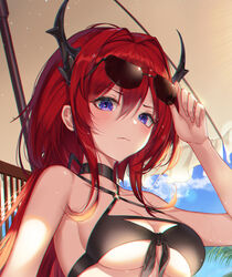  adjusting_eyewear arknights beach beach_chair beach_umbrella bikini black_bikini blue_sky breasts chromatic_aberration cloud coconut_tree collarbone day eyewear_on_head fall_(aki) female front-tie_bikini_top front-tie_top hair_between_eyes hair_intakes highres horns korean_commentary long_hair looking_at_viewer medium_breasts outdoors palm_tree purple_eyes red_hair sidelocks sitting sky solo sunglasses surtr_(arknights) swimsuit tree umbrella 