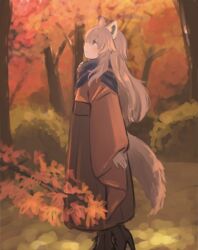  absurdres animal_ears autumn_leaves bad_id bad_pixiv_id blue_scarf boots brown_footwear brown_hair closed_mouth female from_side green_eyes hakama hakama_skirt high_heel_boots high_heels highres japanese_clothes kimono long_hair long_sleeves original outdoors scarf skirt smile solo standing tail tsukiori 