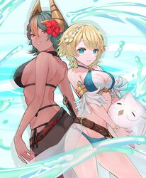  2girls ass back-to-back bikini black_one-piece_swimsuit blue_bikini blue_eyes breasts casual_one-piece_swimsuit character_doll commentary criss-cross_halter dark-skinned_female dark_skin fake_horns feather_trim feh_(fire_emblem_heroes) fire_emblem fire_emblem_heroes fjorm_(fire_emblem) fjorm_(summer)_(fire_emblem) flower green_hair hair_flower hair_ornament halterneck highres horns inflatable_toy laegjarn_(fire_emblem) laegjarn_(summer)_(fire_emblem) large_breasts medium_breasts multicolored_hair multiple_girls official_alternate_costume one-piece_swimsuit orange_hair red_eyes sakura_no_yoru sarong short_hair smile swimsuit teeth 