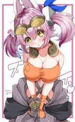  animal_ears bandeau blush breasts cleavage cowboy_shot duel_monster female ferret_ears ferret_girl gloves goggles goggles_on_head grey_jumpsuit hair_ornament jumpsuit jumpsuit_around_waist kitt_(yu-gi-oh!) large_breasts long_hair orange_bandeau orange_gloves pink_hair tri-brigade_kitt twintails white_background ya-man yellow_eyes yu-gi-oh! 