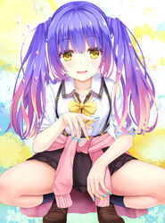  black_socks blue_background blue_hair blue_nails blush bow brown_footwear brown_skirt bubble clothes_around_waist collarbone commentary_request eyelashes female fingernails flower full_body gradient_hair gyaru hair_between_eyes hair_flower hair_ornament highres jacket jewelry kohibari_kurumi legs loafers long_fingernails long_hair looking_at_viewer miniskirt multicolored_hair nail_polish necklace open_mouth pink_flower pink_jacket purple_hair school_uniform shirt shoes sidelocks simple_background skirt sleeves_rolled_up smile socks solo squatting suspender_skirt suspenders tenshi_souzou_re-boot! thighs tiptoes twintails two-tone_background very_long_hair white_shirt xiexianglg yellow_background yellow_bow yellow_eyes yellow_nails 