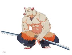  anthro audiophilliac body_hair bottomwear chest_hair claws clothing crouching demon_slayer fur grey_body grey_fur grumpy hi_res humanoid inosuke_hashibira kimetsu_no_yaiba looking_away male mammal melee_weapon muscular muscular_anthro muscular_male pants solo suid suina sus_(pig) sword weapon wild_boar 