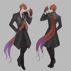  1boy alternate_costume black_coat black_footwear black_gloves black_necktie blue_eyes coat crossed_bangs crossed_legs delusion_(genshin_impact) earrings full_body genshin_impact gloves gradient_scarf grey_background ha_ze hair_between_eyes hand_on_own_hip highres holding holding_mask jewelry long_sleeves male_focus mask multicolored_clothes multicolored_scarf multiple_views necktie orange_hair purple_scarf red_mask red_scarf scarf shirt simple_background single_earring tartaglia_(genshin_impact) uniform watson_cross white_shirt 